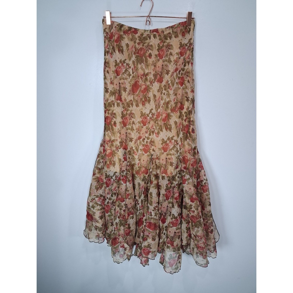 Zashi Floral Chiffon Godet Midi Skirt Pink Green Ruffle Hem Women Hippie Fairy L
